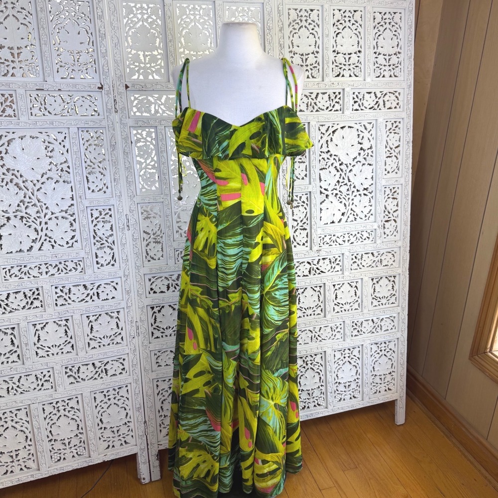 Taylor Green Tropical Maxi Dress Ruffle Neckline Womens 8 Resort Vacation